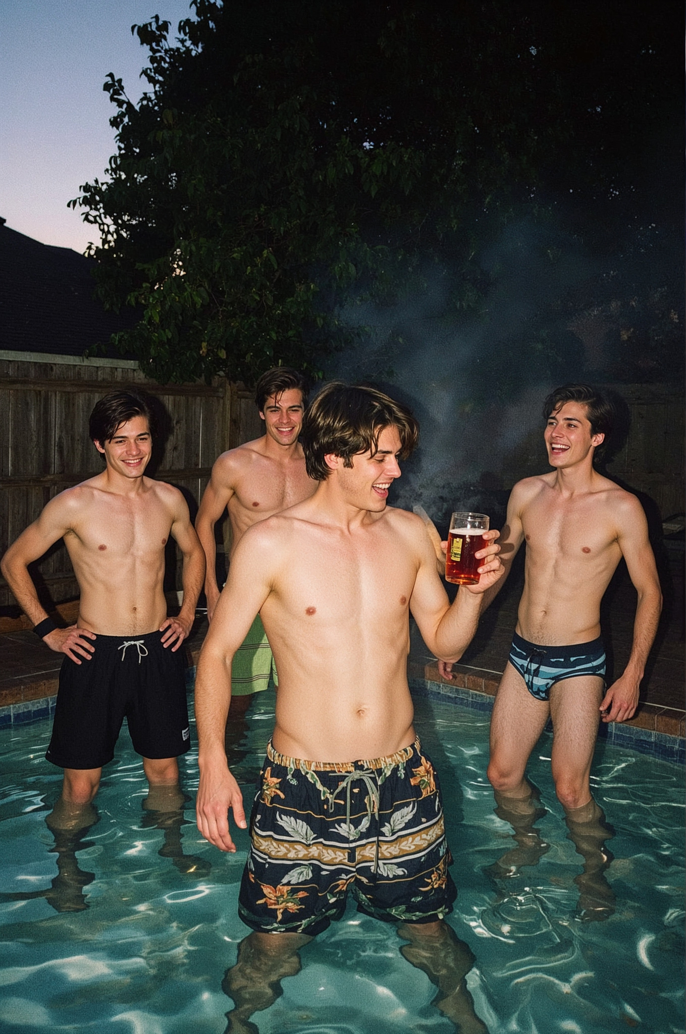 Adult men standing in a pool laughing and holding drinks.