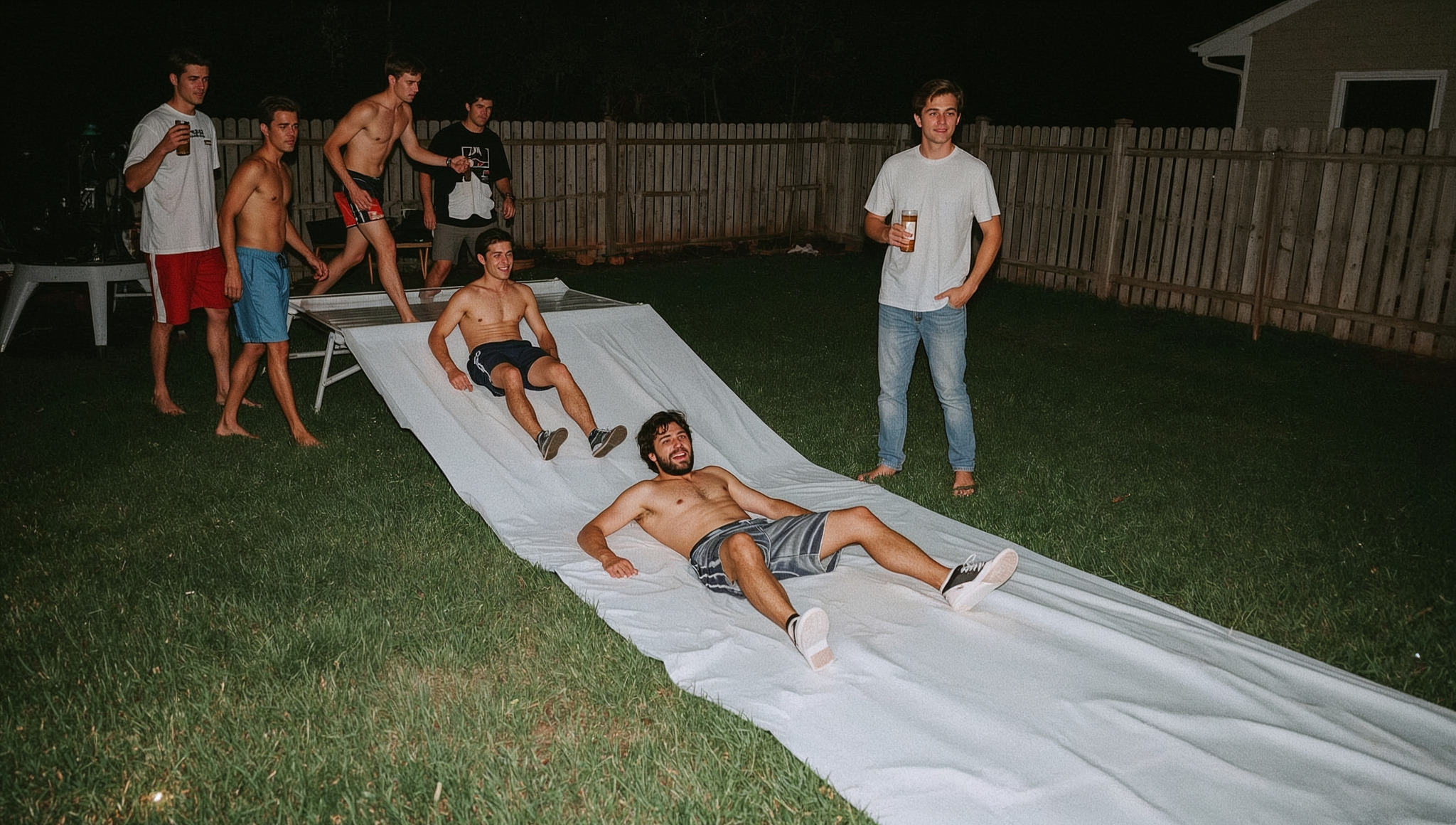 A nighttime backyard slip and slide with adult men.